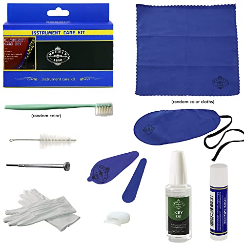 Klarinette Reinigungsset Clarinet Cleaner Care Cleaning Kit,Maintenance Kit,Key Oil,Cork Grease,Swab,Cleaning Cloth,Thumb Rest,Mouthpiece Brush and More(Random color Cloth)